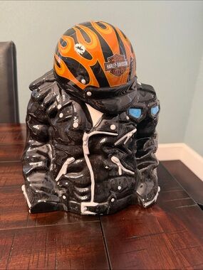 Harley-Davidson Black Jacket Cookie Jar with Orange Flame Helmet
